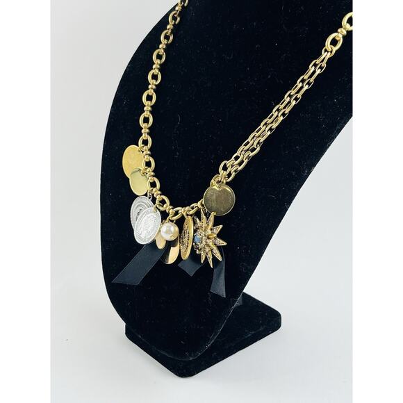 J.Crew Coin Charm Necklace Crystal Star Black Chunky Gold Heavy Rare Unique Disc - Picture 3 of 16